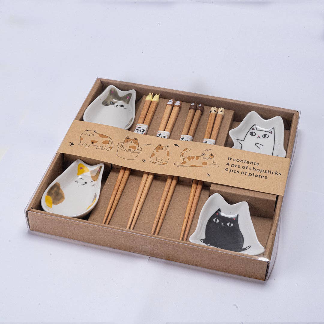 4 Pair Cute Cats Wooden Chopsticks and Sauce Dish Gift Set (1/20)