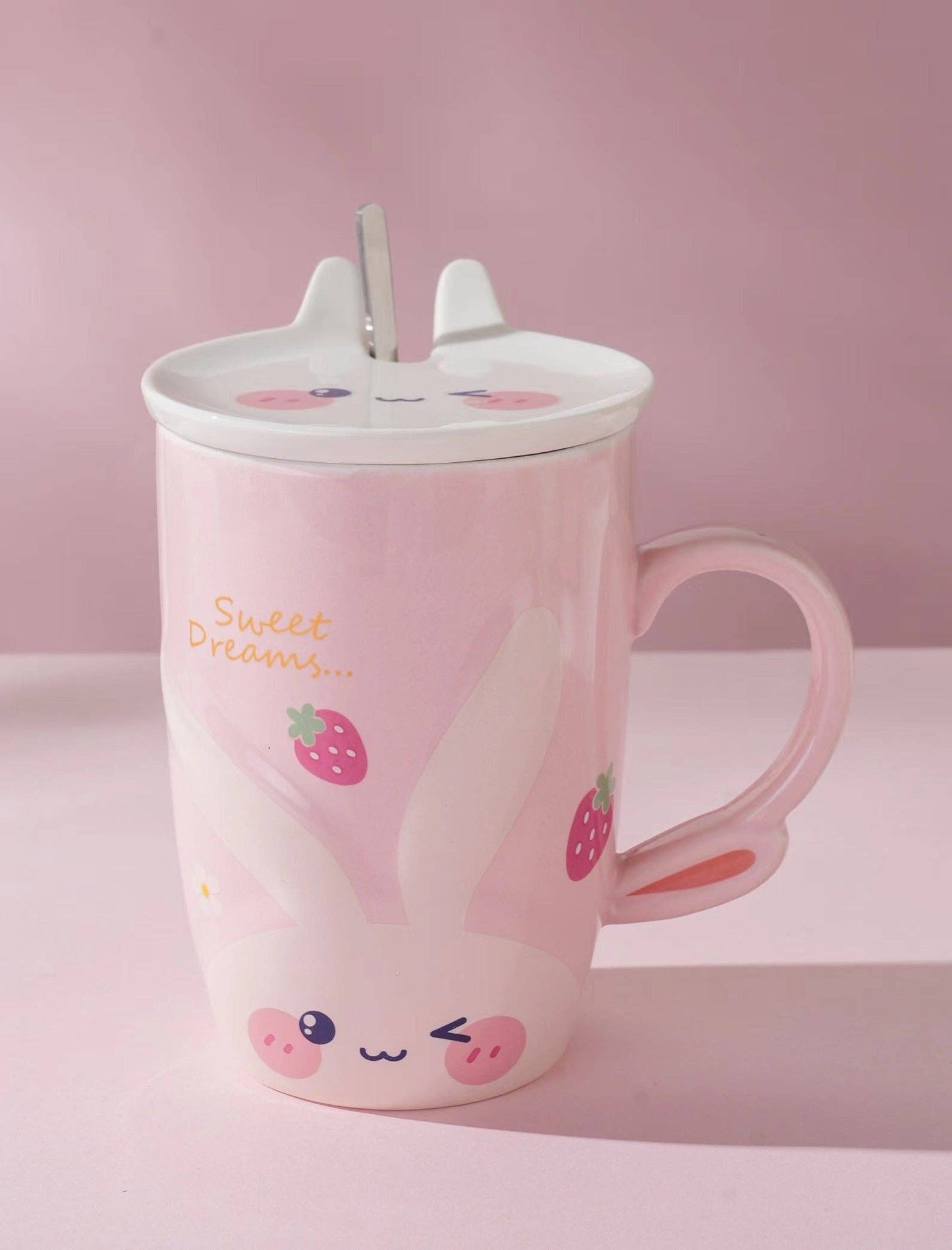 Bunny Happy Rabbit White 14oz Mug With Lid and Spoon (12/36)