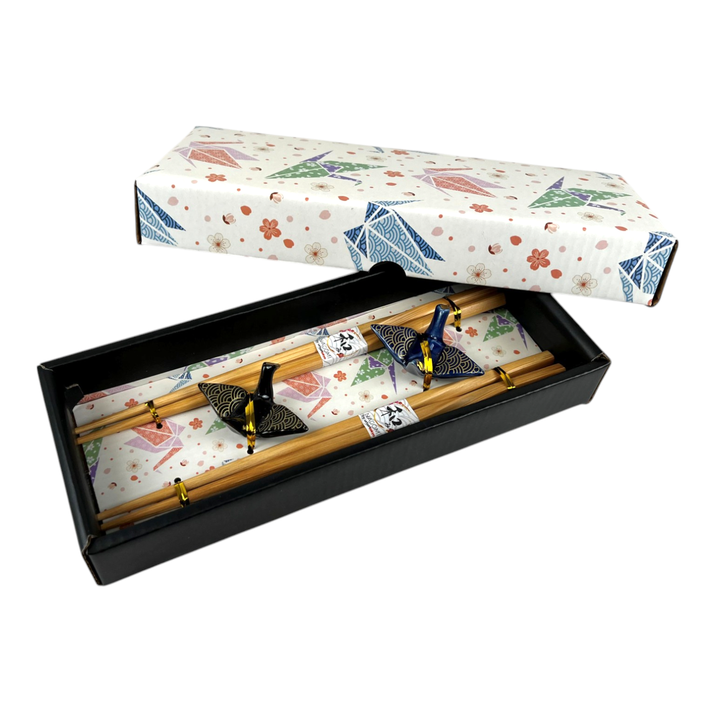Seigaiha Origami Crane 2 Pair Chopsticks and Chopsticks Rests Gift Set (1/48)