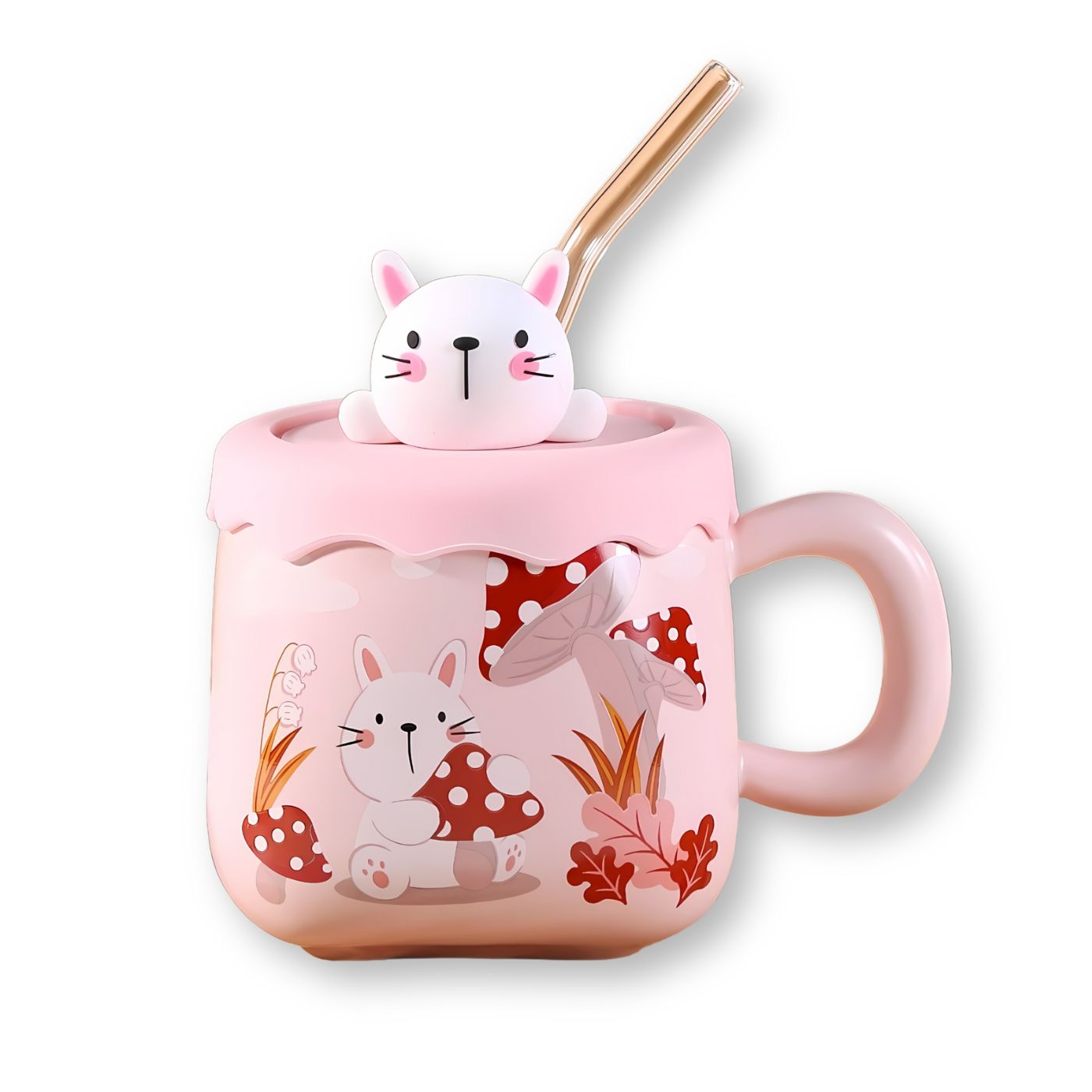 Rabbit Mushrooms 13oz Mug With Lid and Straw