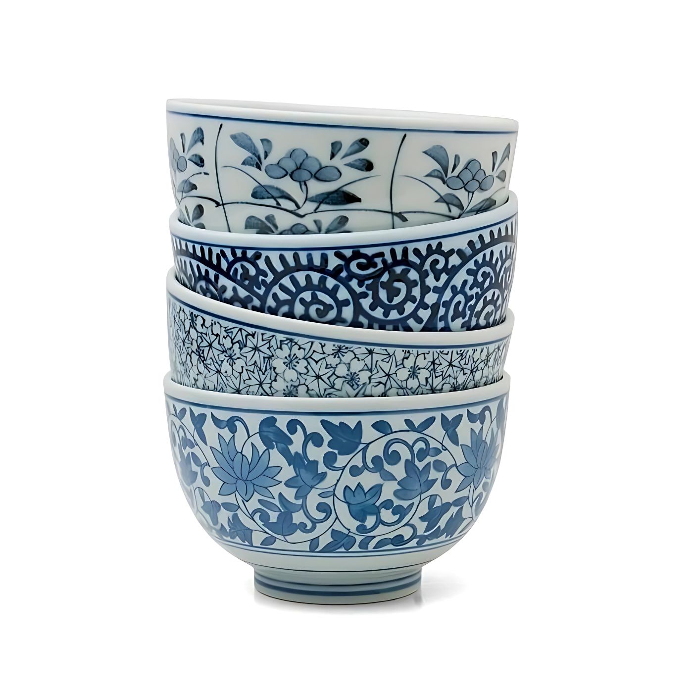 Sometsuke Japanese Bowl Set – 4 Classic Blue and White Ceramic Bowls, 5 Inch