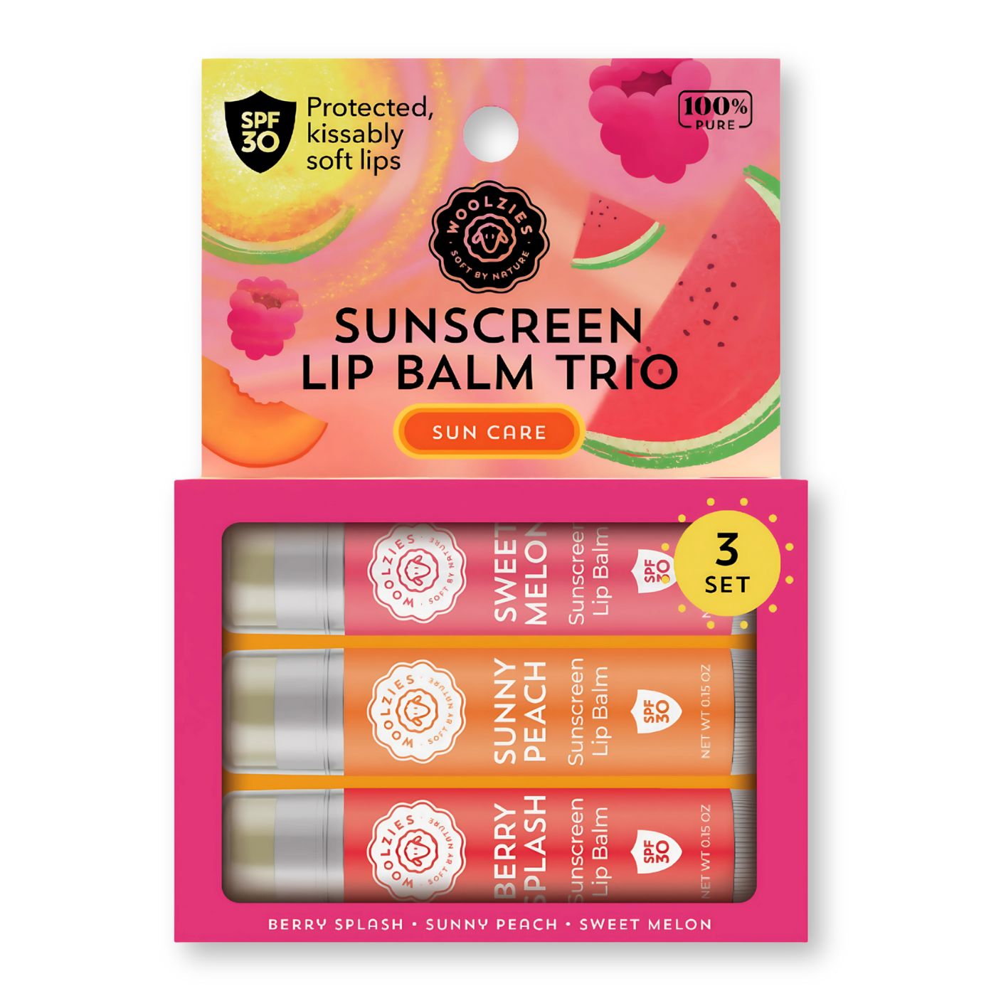 SPF Sunscreen Lip Balm Trio Sweet Melon, Sunny Peach, Berry