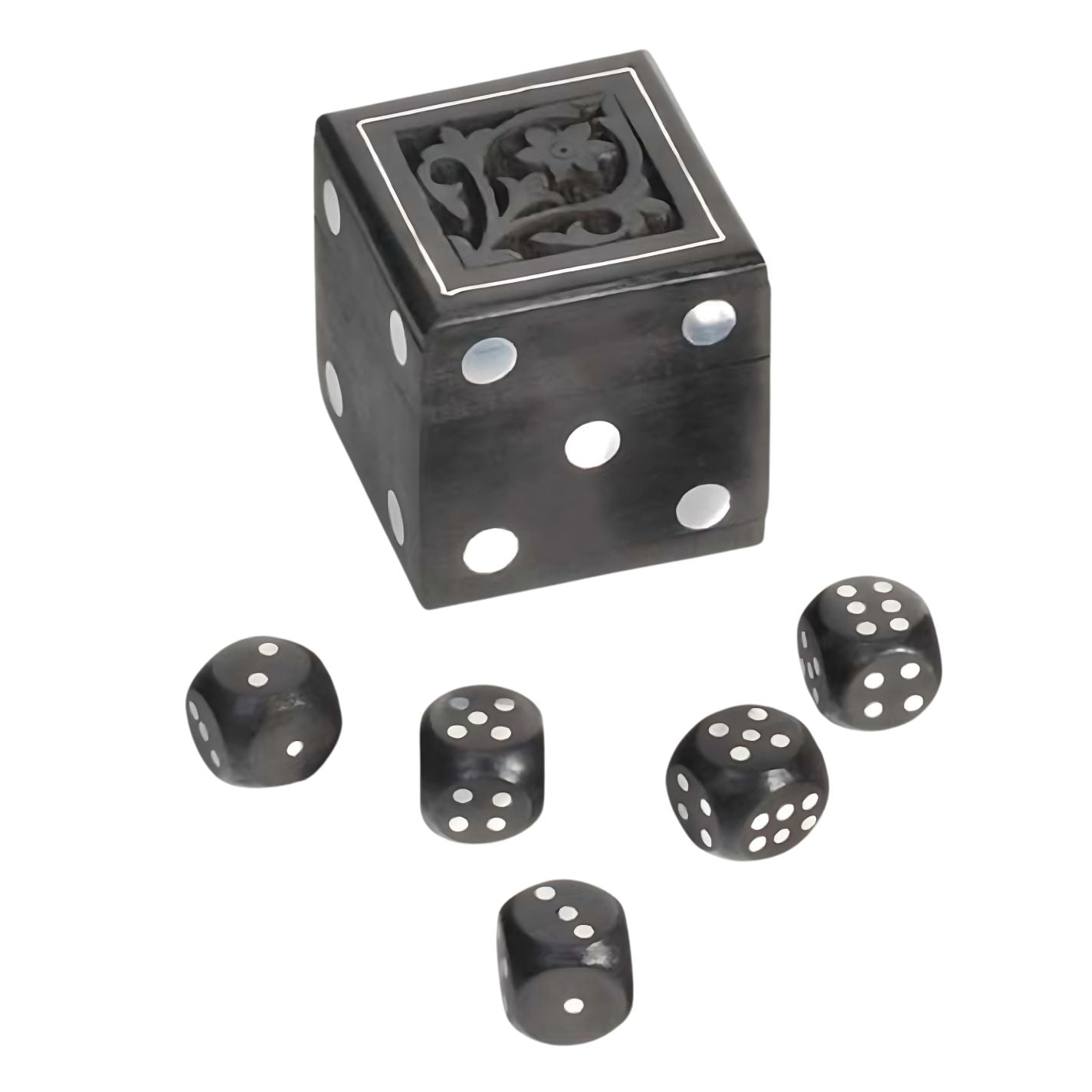 Black Wood Dice Box with Carved Top