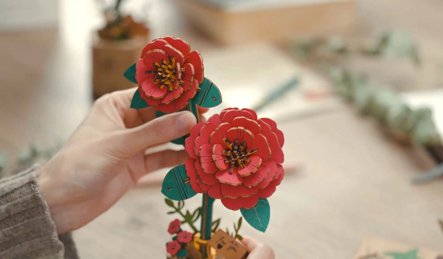 3D Wooden Flower Puzzle - Red Camellia