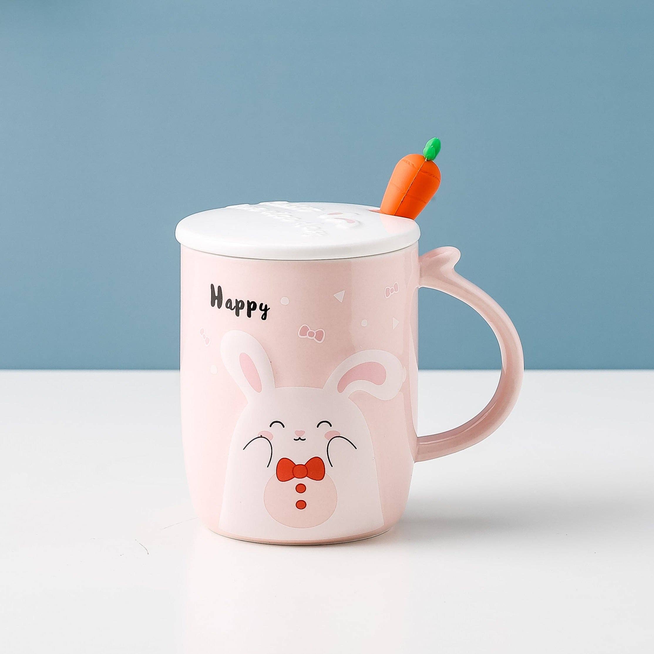 Bunny Happy Rabbit White 14oz Mug With Lid and Spoon (12/36)