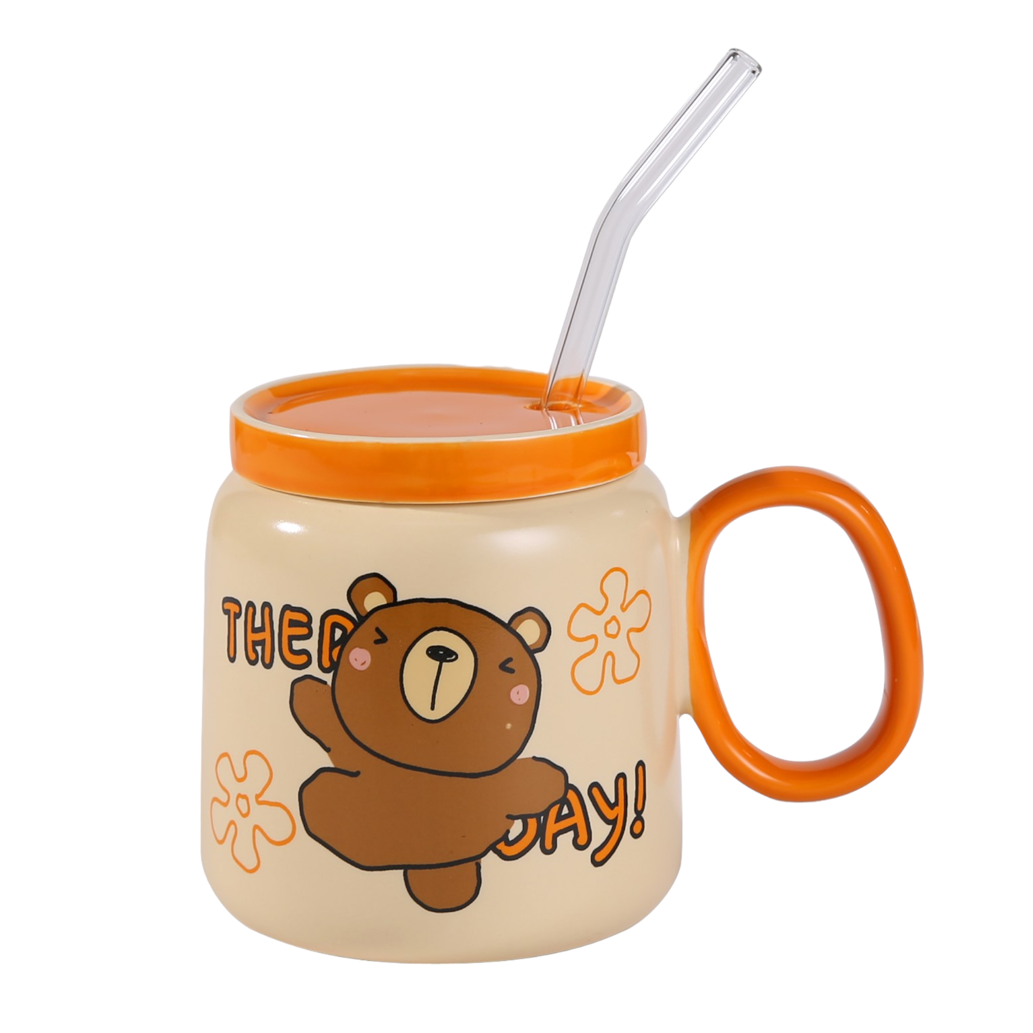 Happy Bear Orange 14oz Mug with Lid and Straw