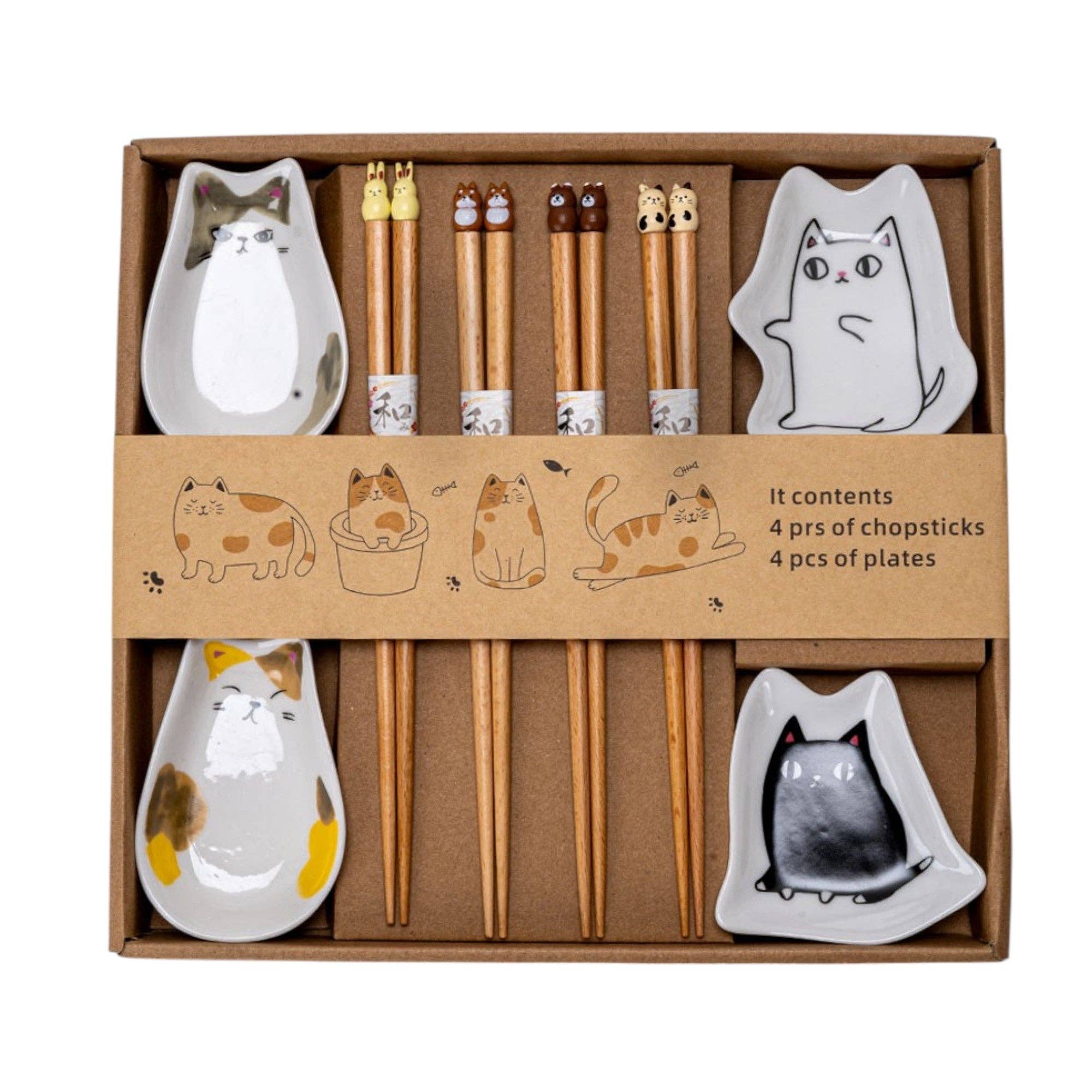 4 Pair Cute Cats Wooden Chopsticks and Sauce Dish Gift Set (1/20)