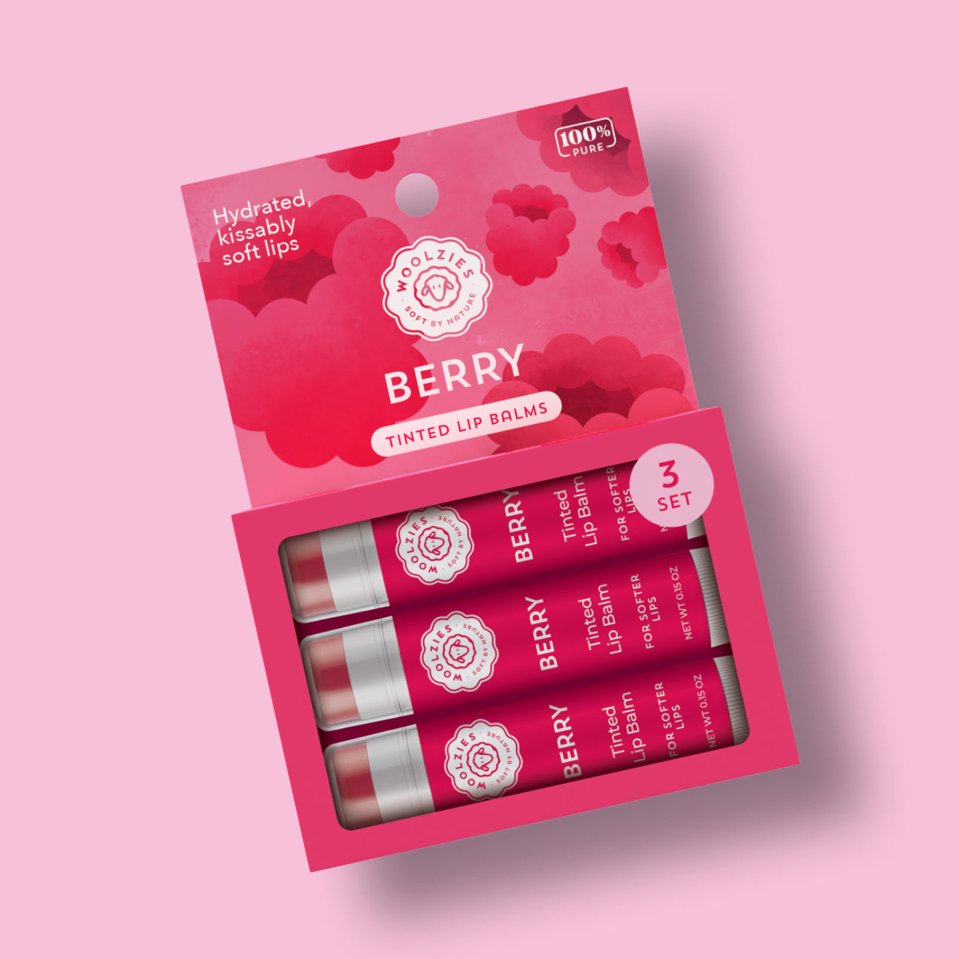 Woolzies tinted lip balm trio with natural berry shades