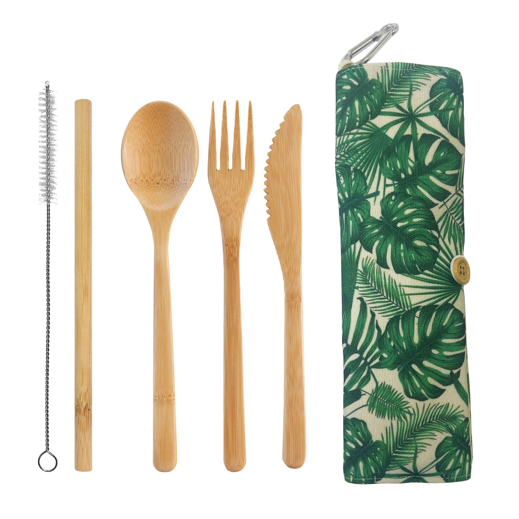 Reusable Bamboo Take-Along Utensil Roll – Monstera Pattern
