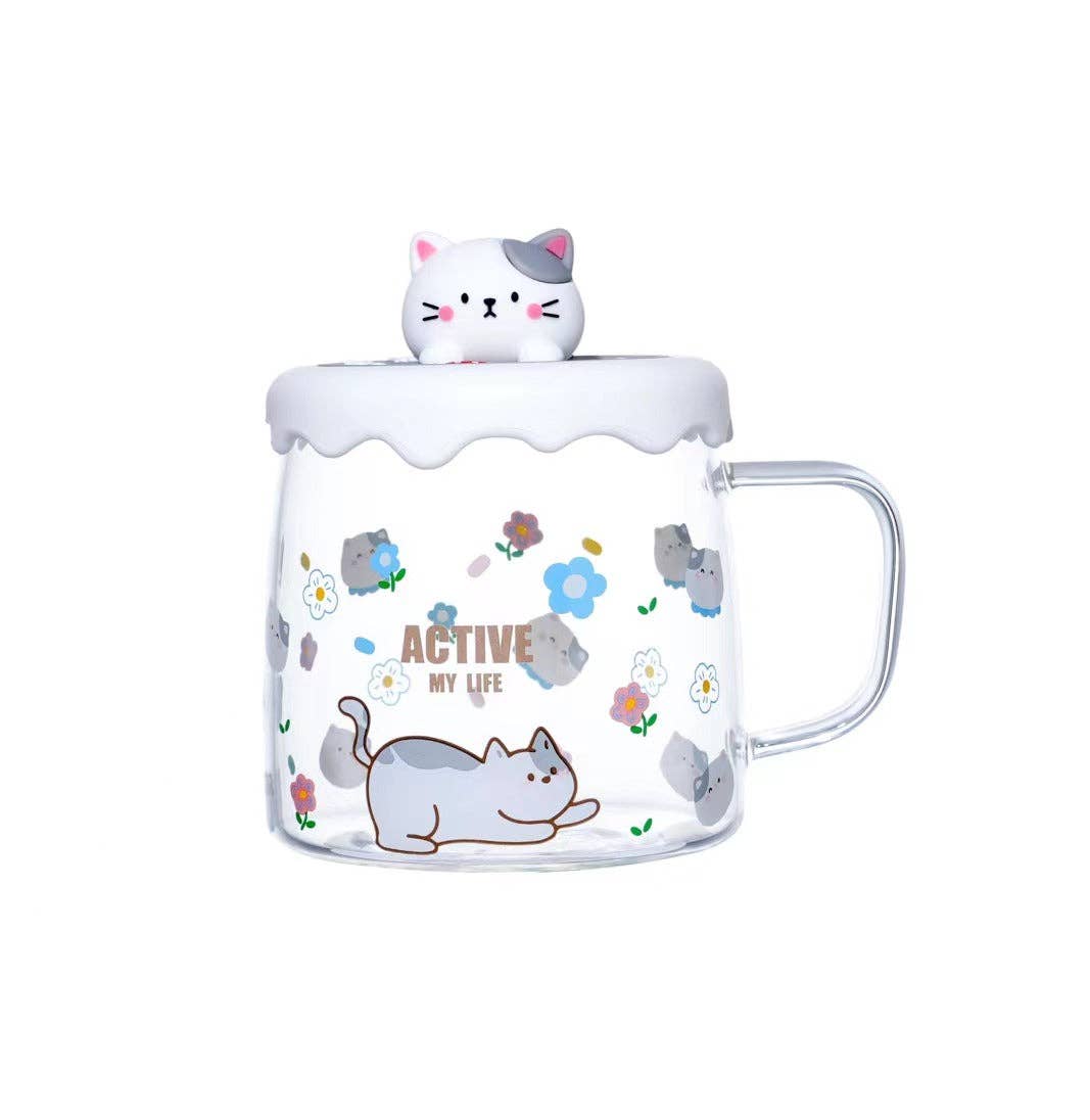 Active Cat 15oz Glass Mug With Lid (12/36)