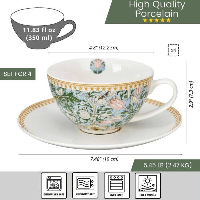 Morris Garden Porcelain Teacup & Saucer Set – 8 Piece Set