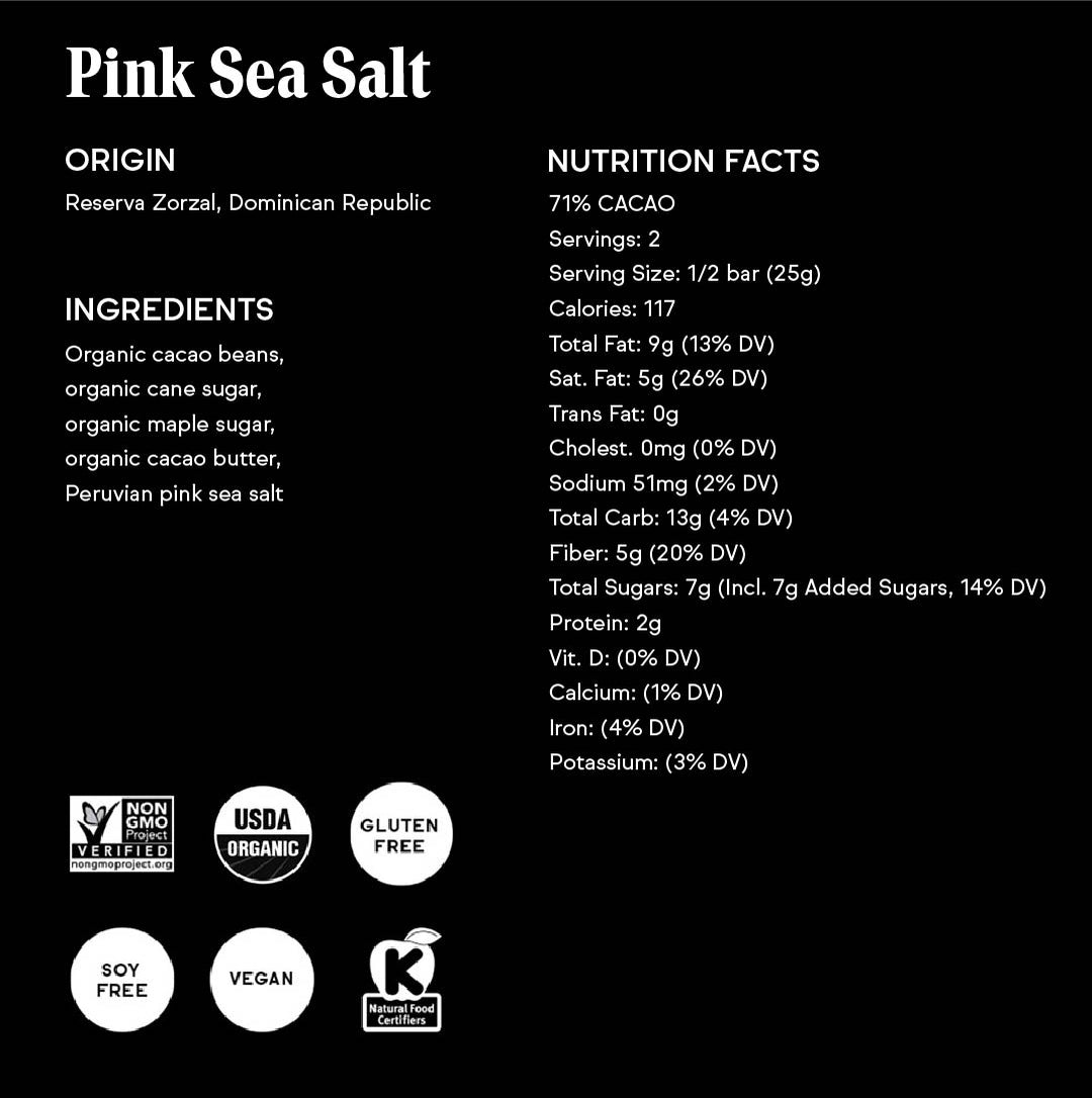 Raaka Chocolate 71% Pink Sea Salt Chocolate Bar