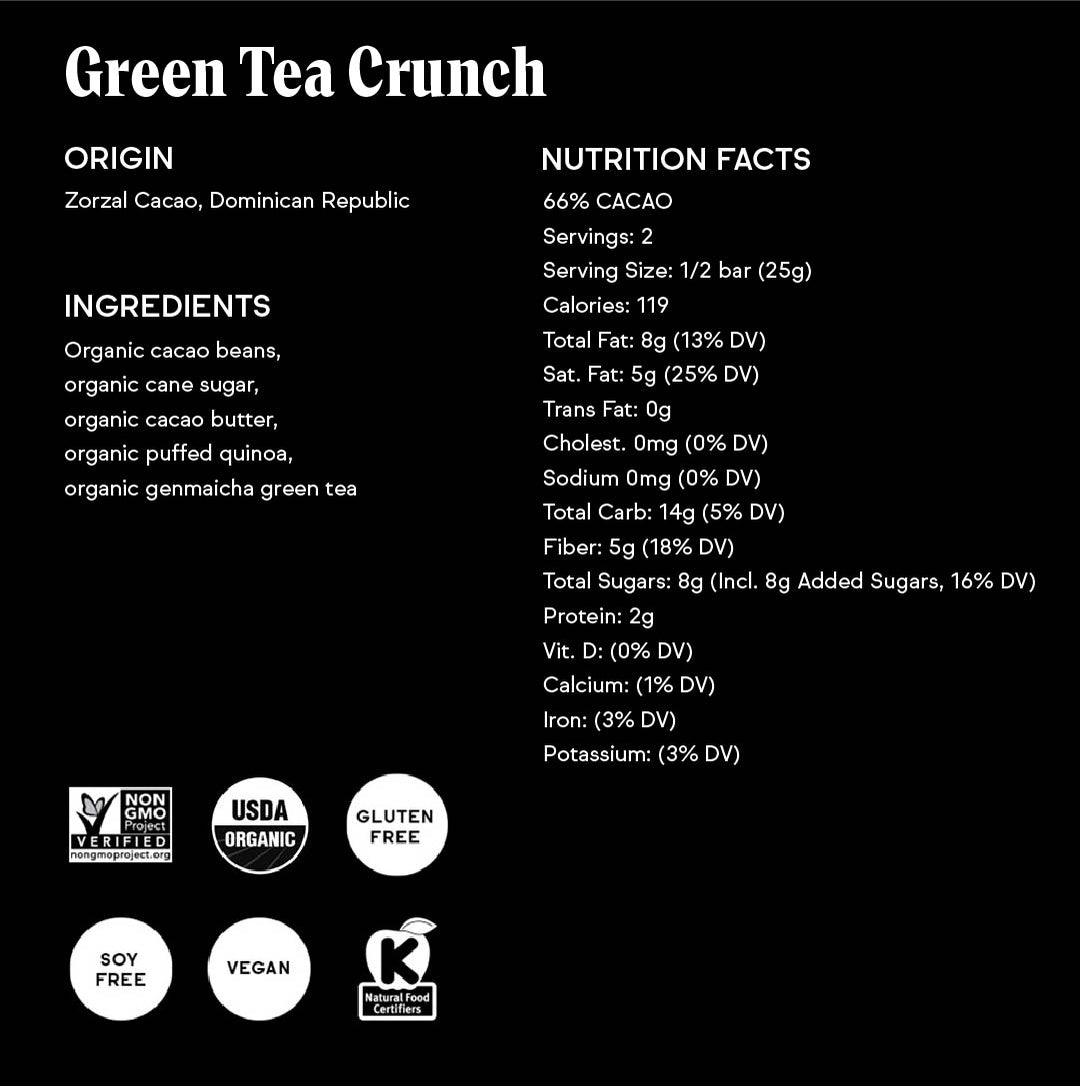 Raaka Chocolate 66% Green Tea Crunch Chocolate Bar