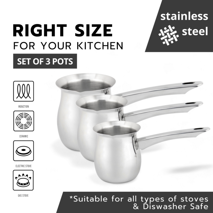 Stainless Steel Turkish Coffee Maker (Milk Warmer Pots) – Set of 3