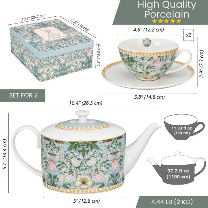 Morris Garden Bone China Tea Set for Two – 5 Piece Gift Set