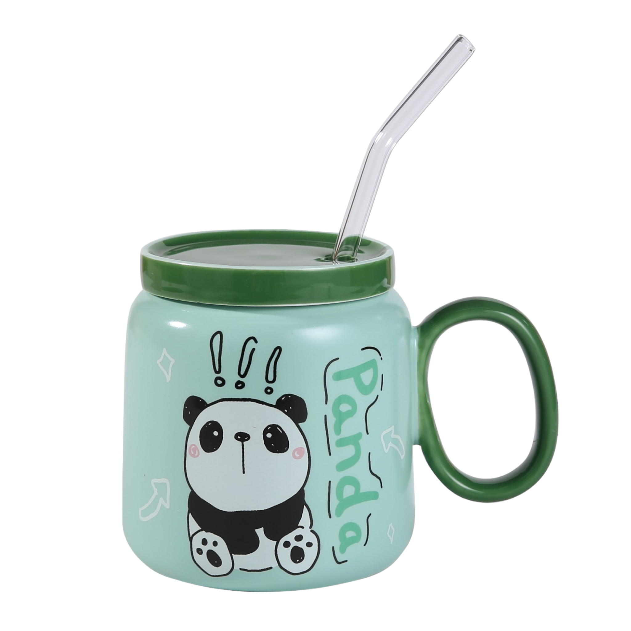 Curious Panda Green 14oz Mug With Lid and Straw (12/36)