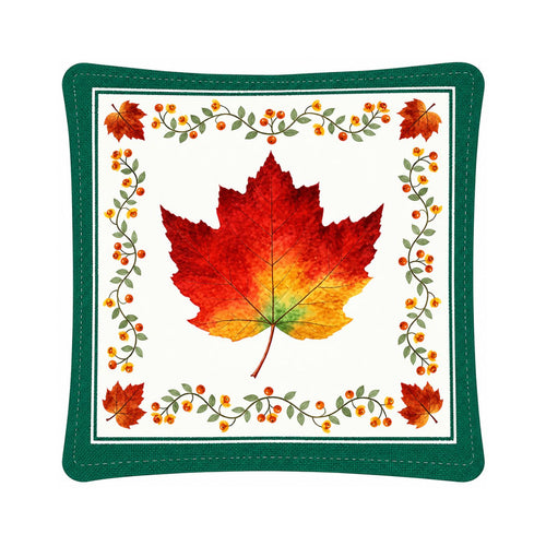 Autumn scented mug mat with red orange and golden maple leaf