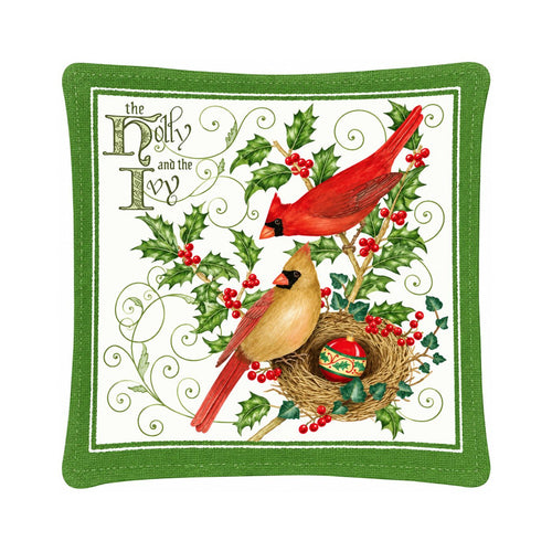 Christmas cardinal scented mug mat with holly berries and ivy