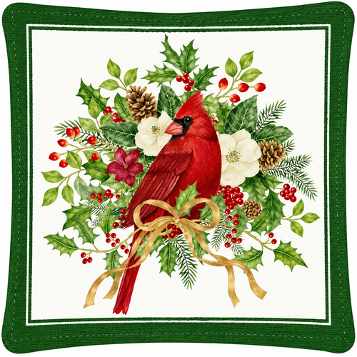 Christmas scented mug mat with red cardinal and winter greenery