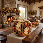 Large gold pumpkin potpourri centerpiece on rustic wooden dining table