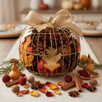 Gold wire pumpkin filled with pinecones and decorative autumn potpourri