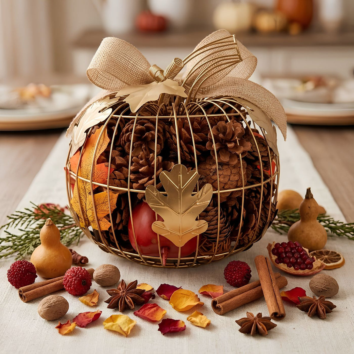 Gold wire pumpkin filled with pinecones and decorative autumn potpourri