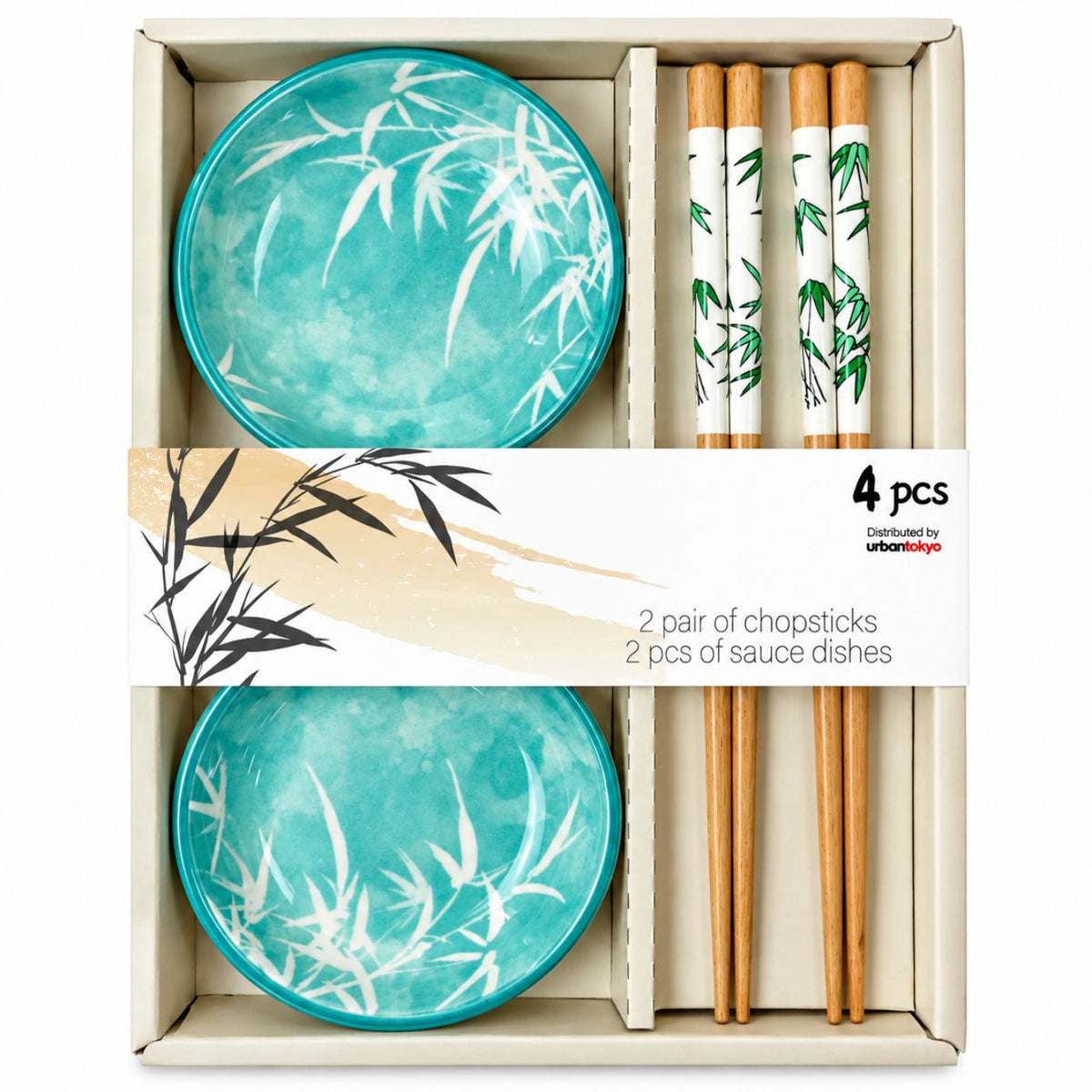 Bamboo chopsticks and aqua ceramic sauce dish gift set