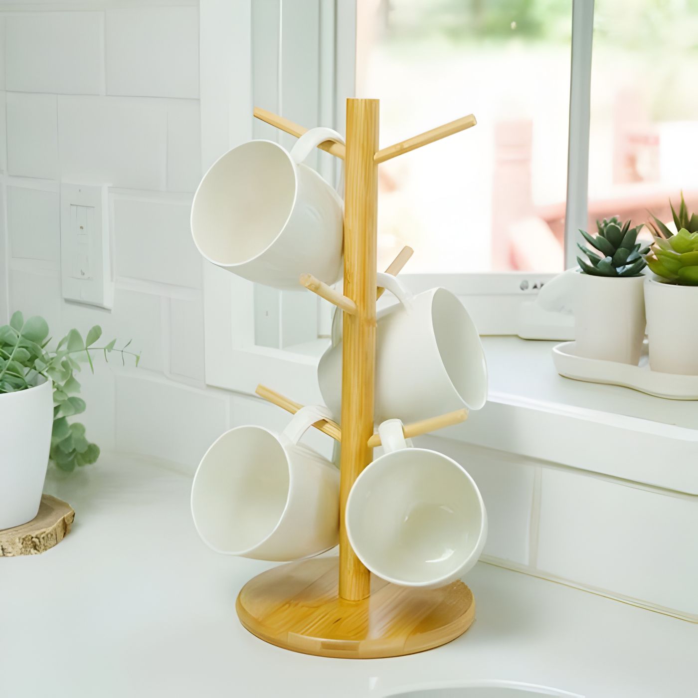 Natural bamboo coffee cup holder stand with mugs