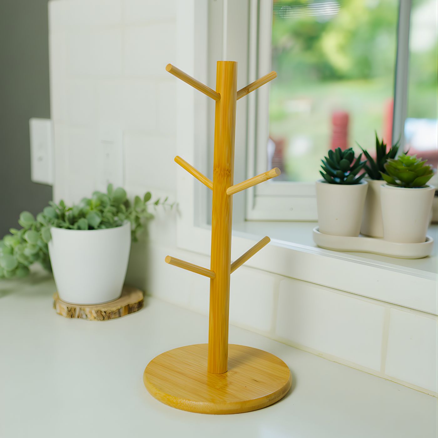Close-up of bamboo tree stand cup holder branches