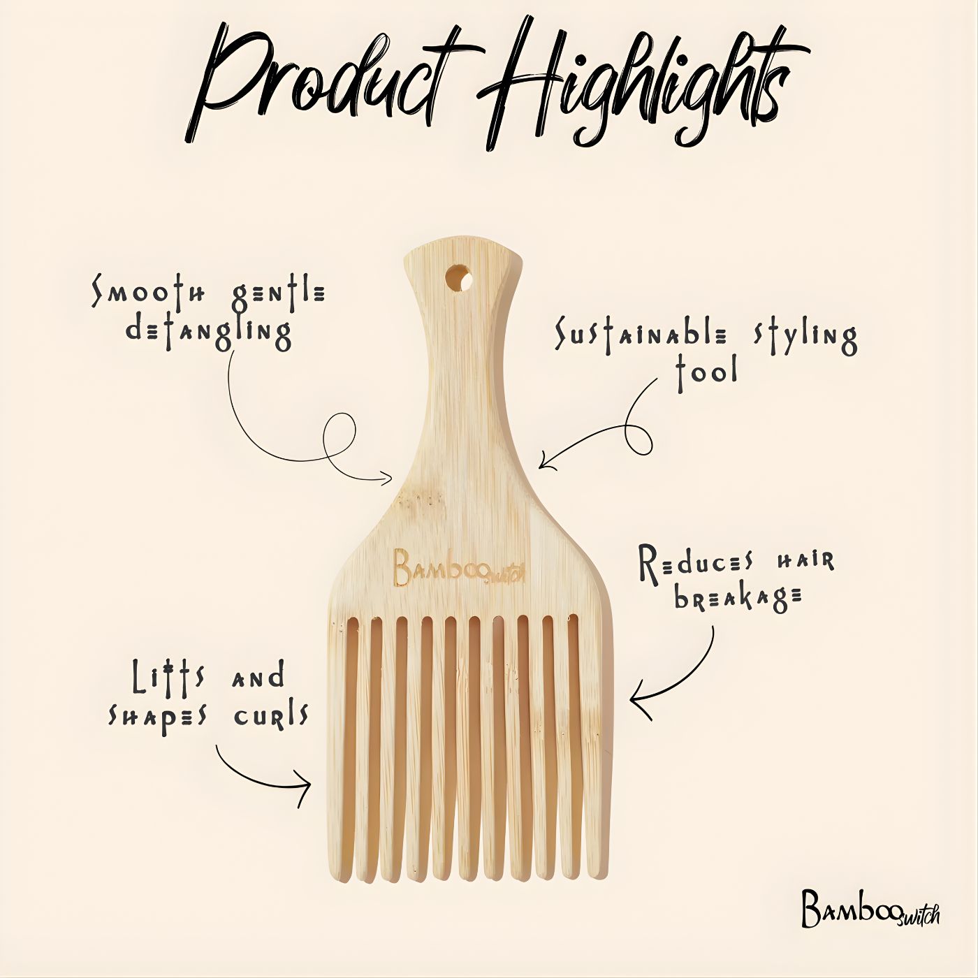 Bamboo hair pick wide tooth comb product highlights