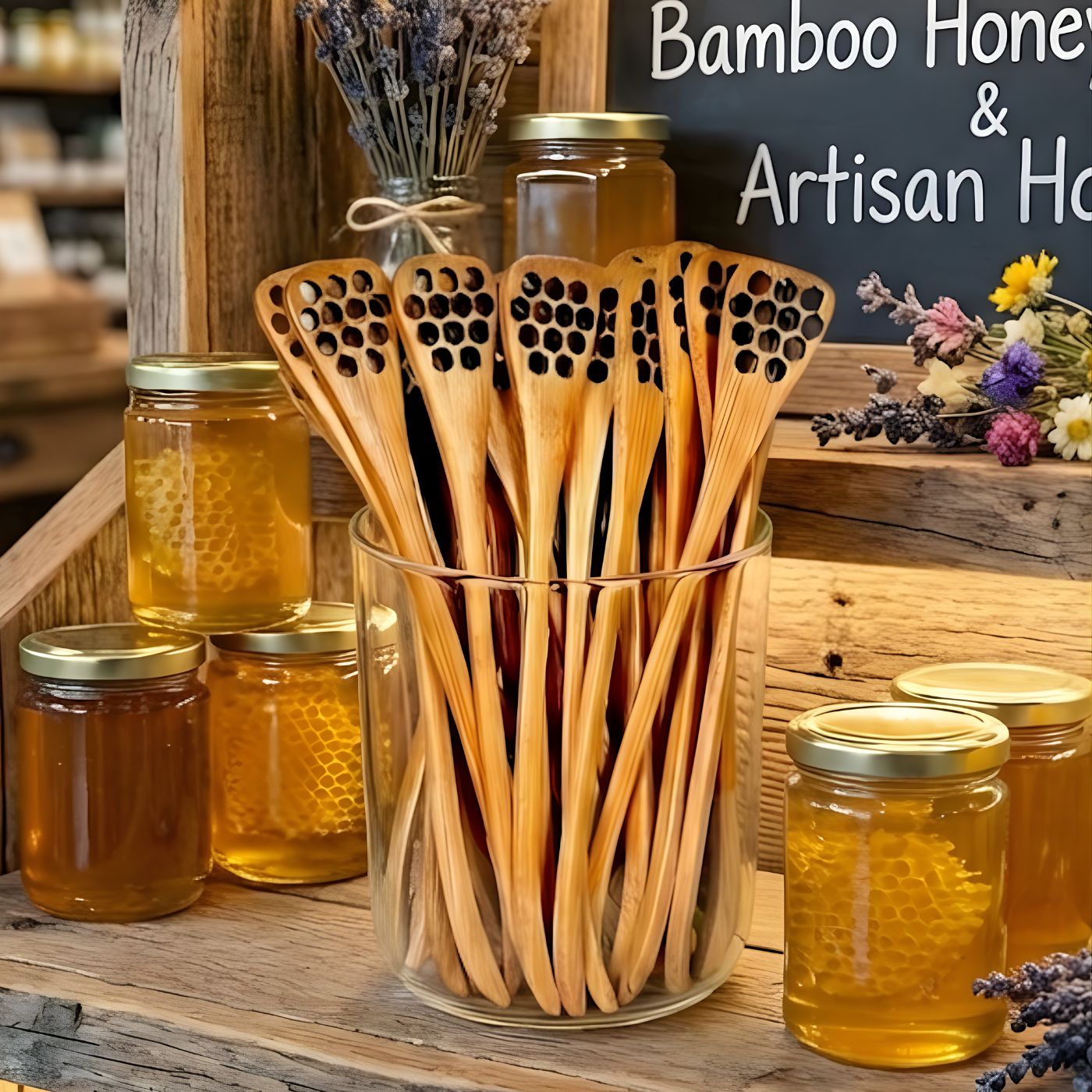 Natural bamboo honey drizzler in glass jar