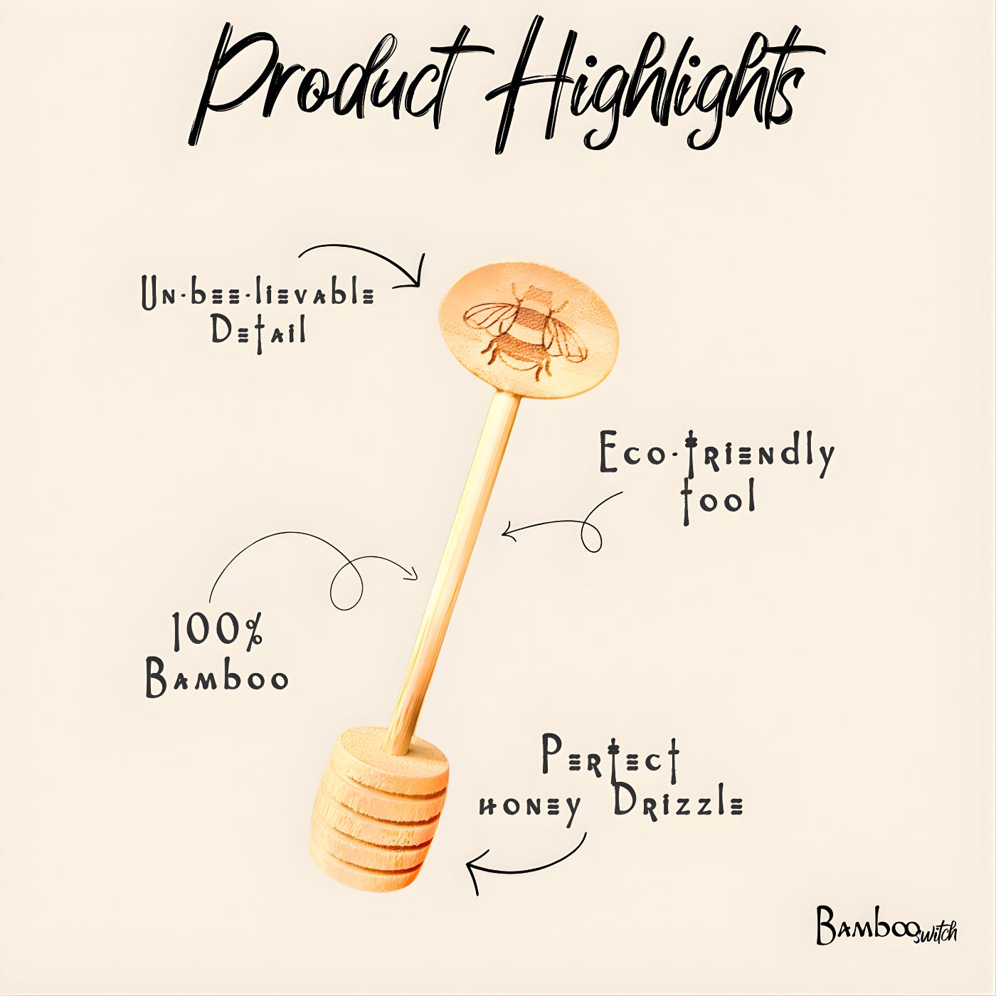 Bamboo honey dipper spoon with honey bee plate product highlights