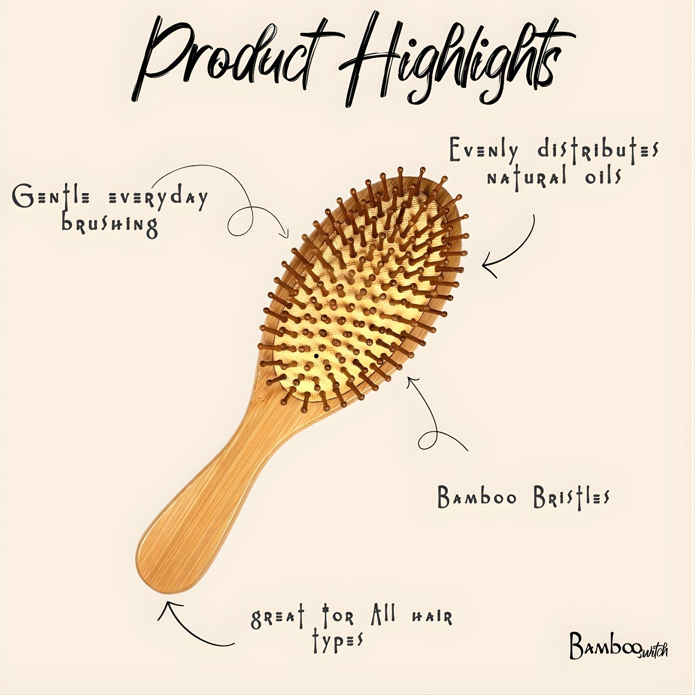Natural bamboo hairbrush with rubber cushion product highlights