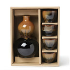 Ceramic sake bottle 13.5 oz in black and brown glaze with 4 2 oz ceramic cups in gift box