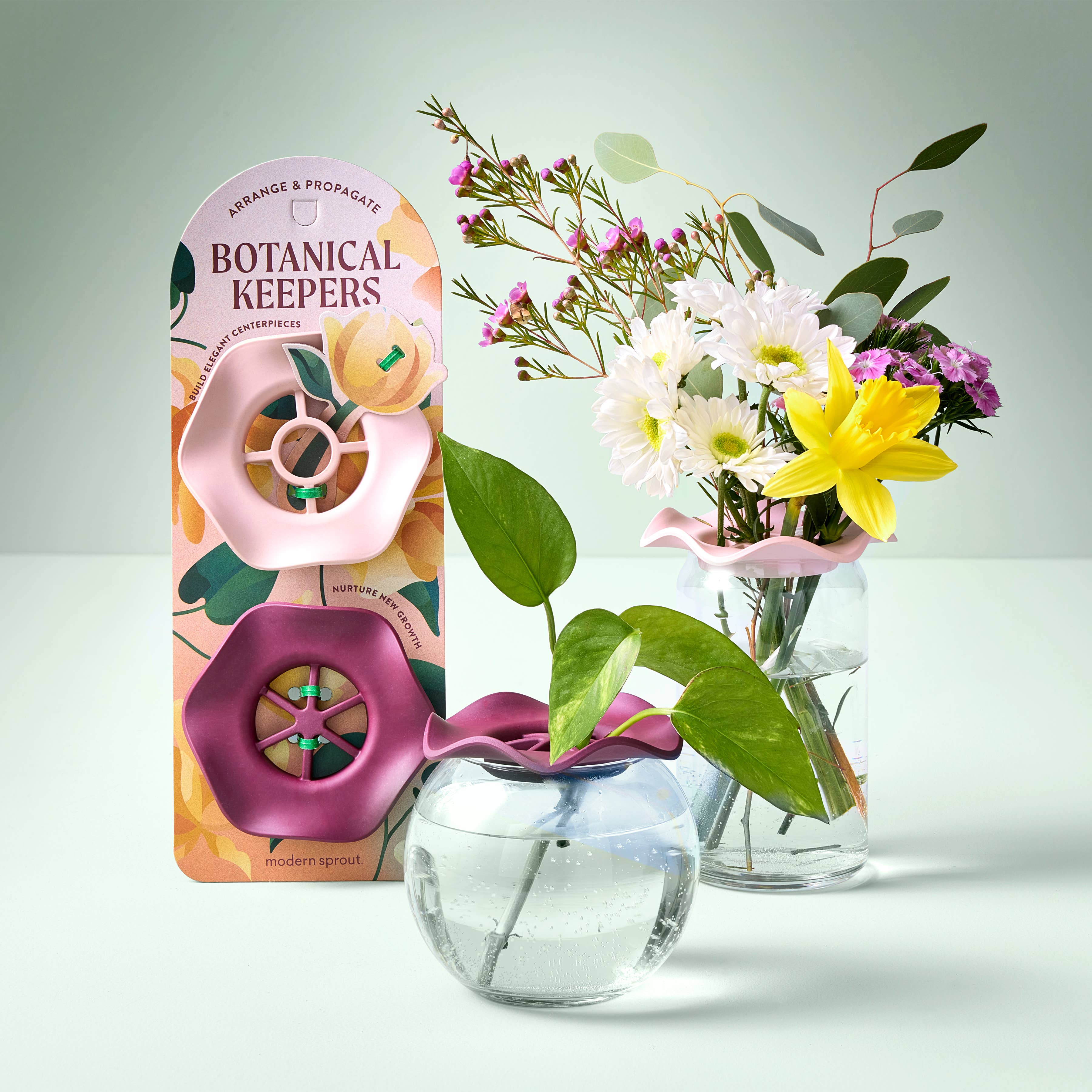 Botanical keeper flower arrangement on glass