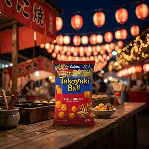 Calbee Takoyaki Ball Kimchi Cheese corn puffs snack bag lifestyle