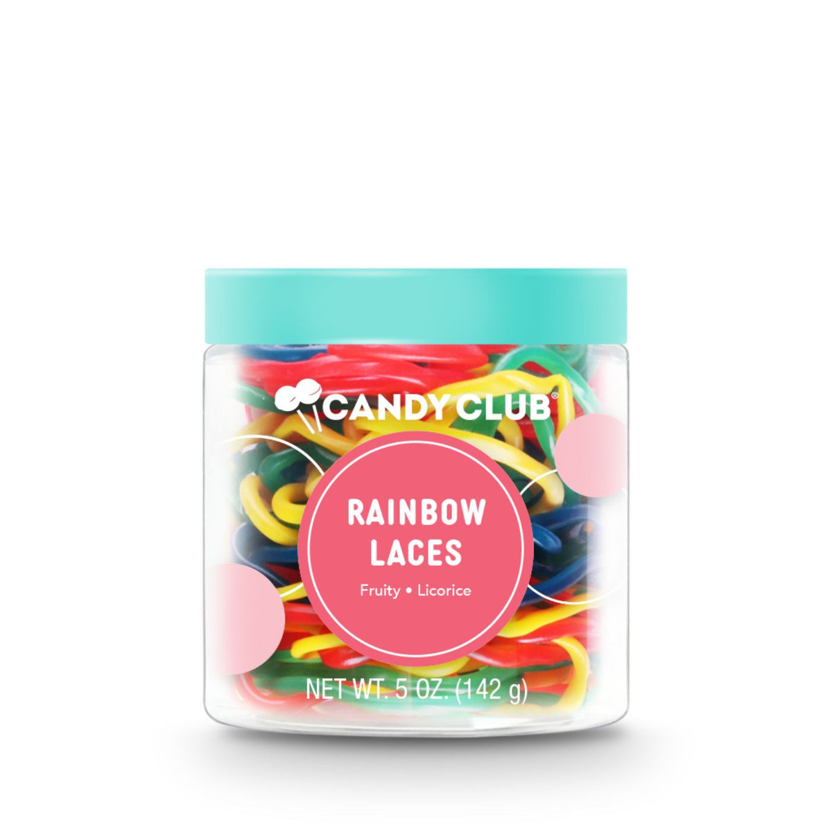 Candy Club Rainbow Laces fruity licorice candy in clear jar