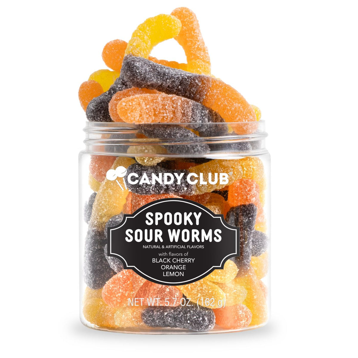 Sugar-coated sour gummy worms in orange yellow and purple