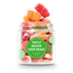 Colorful three-layer sour gummy bears coated in sugar