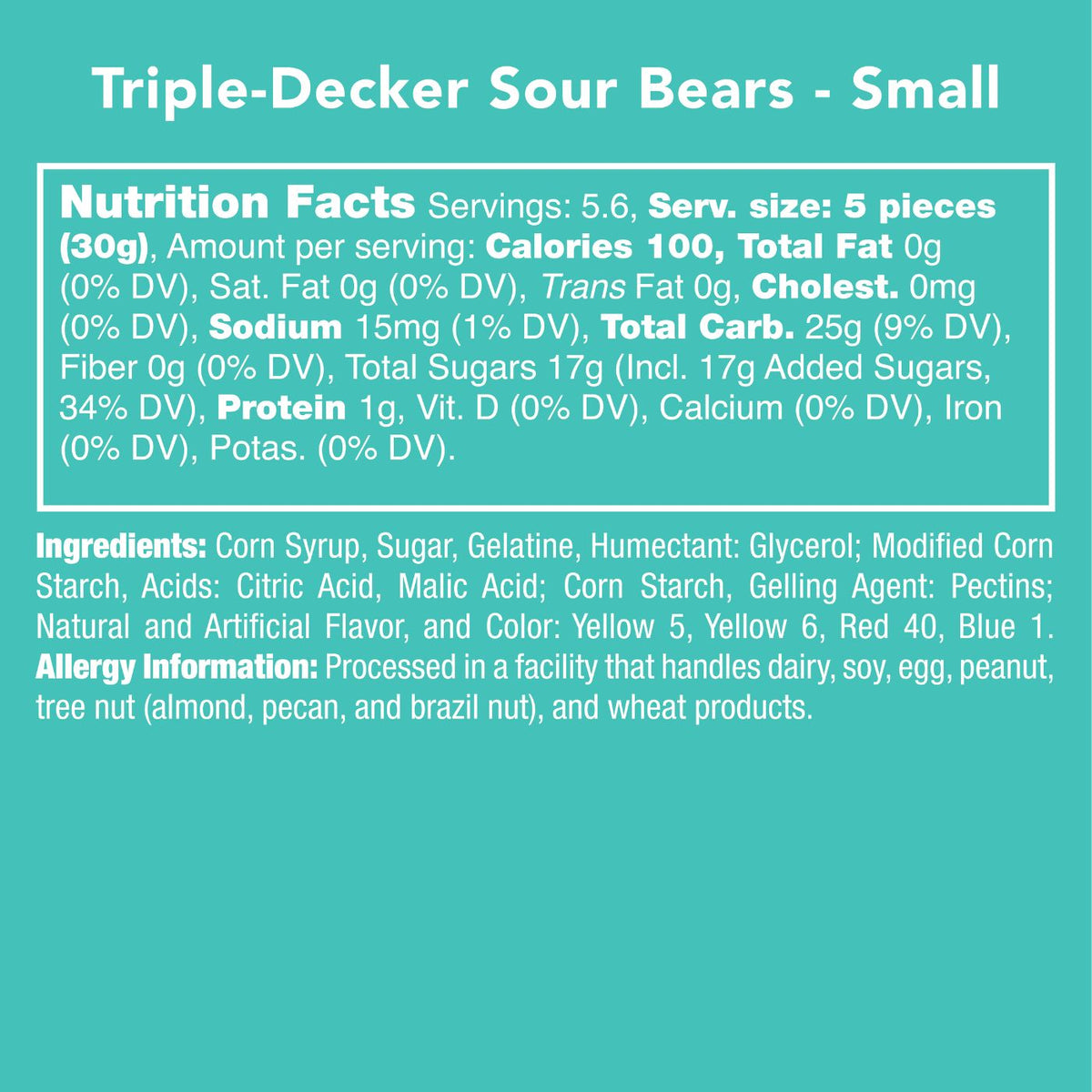 Triple-layer fruity sour gummy bear candy in clear jar