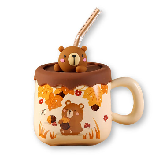 Cute Bear 13oz Mug With Lid and Straw