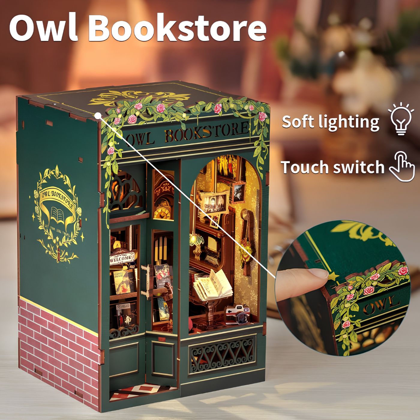 Miniature bookstore bookshelf insert with touch switch