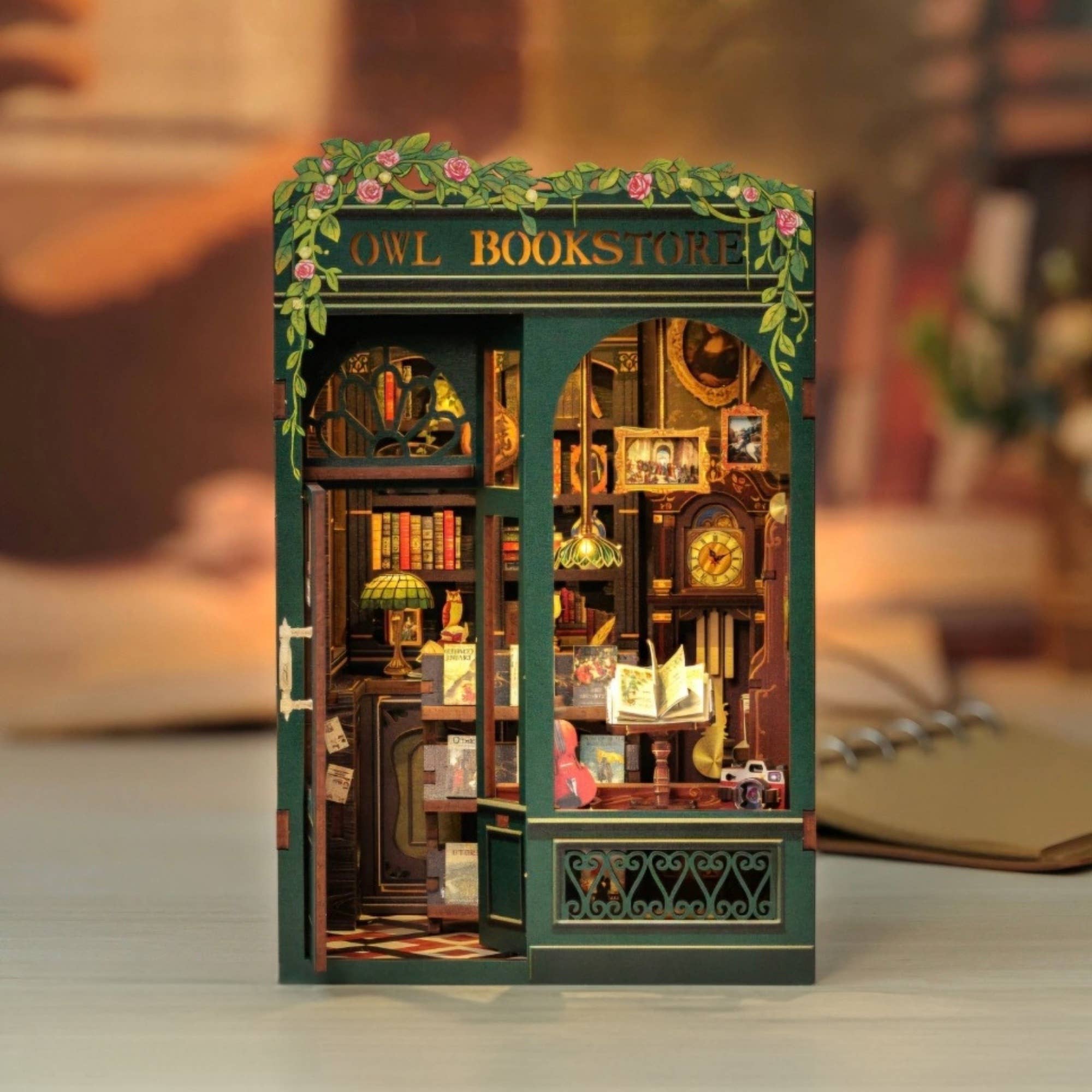 Miniature bookstore bookshelf insert with LED lights
