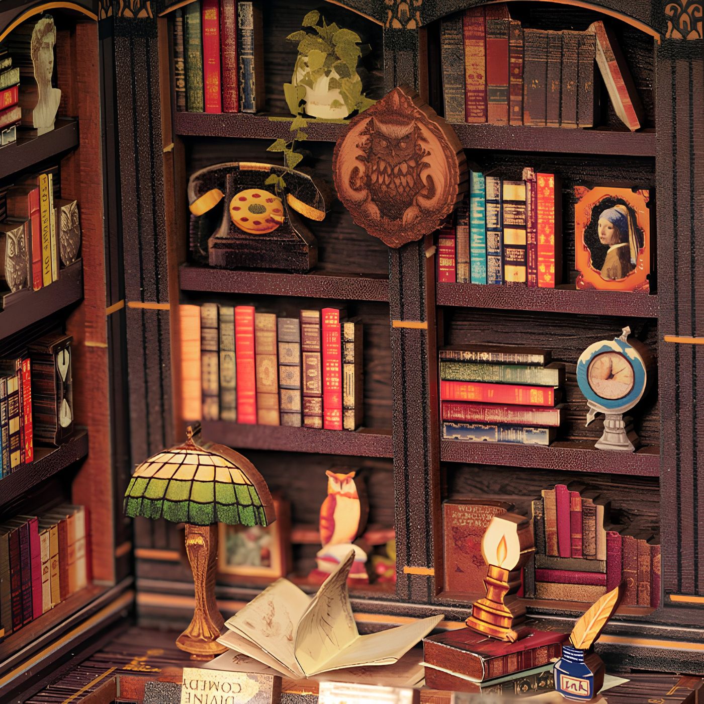 Wooden owl bookstore miniature