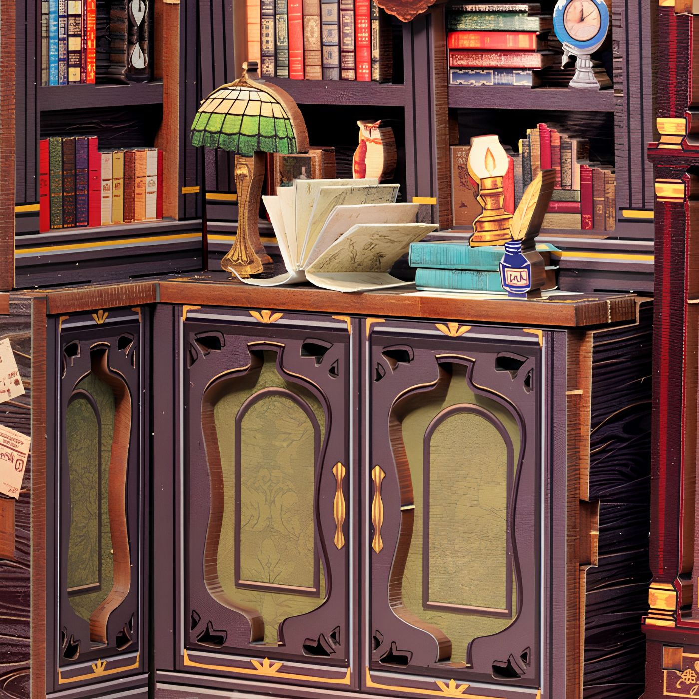Wooden owl bookstore miniature details