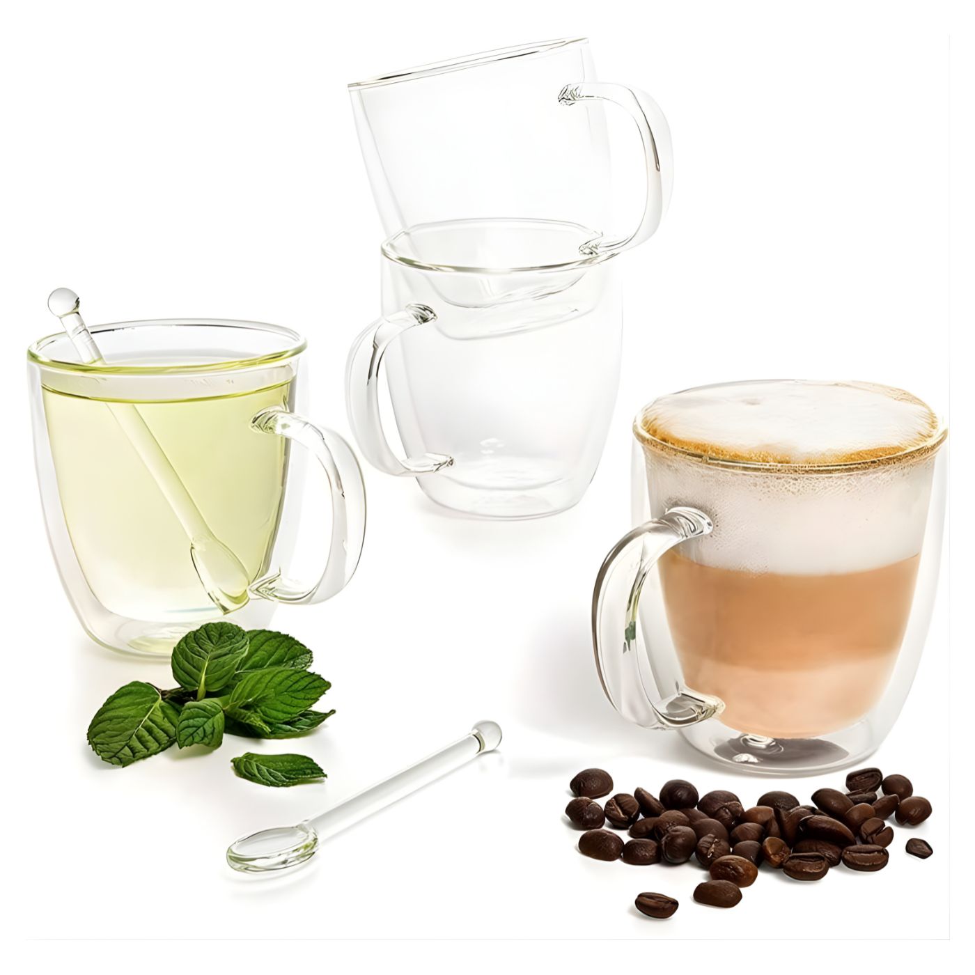 Double wall glass coffee and tea mugs set clear