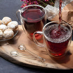 Clear borosilicate glass tea mugs with tea and cookies