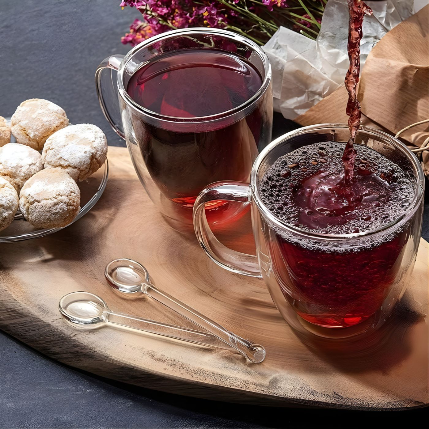Clear borosilicate glass tea mugs with tea and cookies