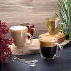 Clear borosilicate glass tea coffee mugs with different drinks