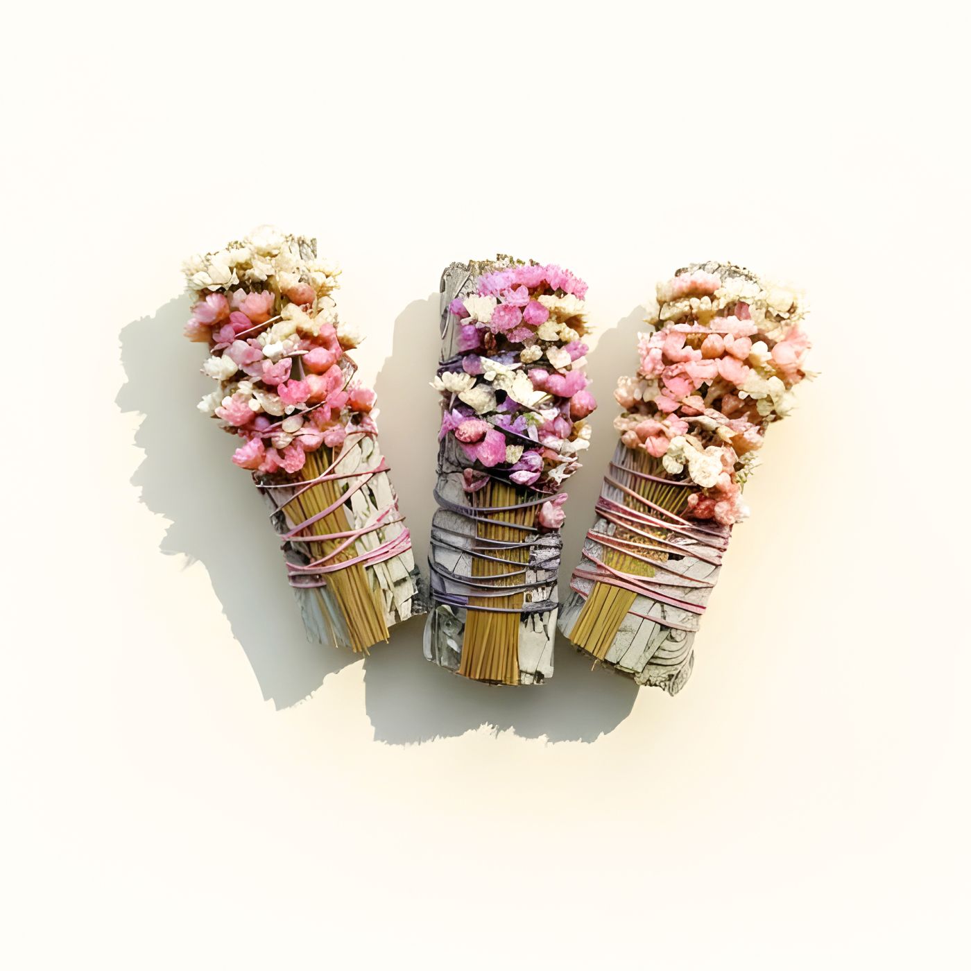 Floral sage sticks wrapped with hemp string - pink